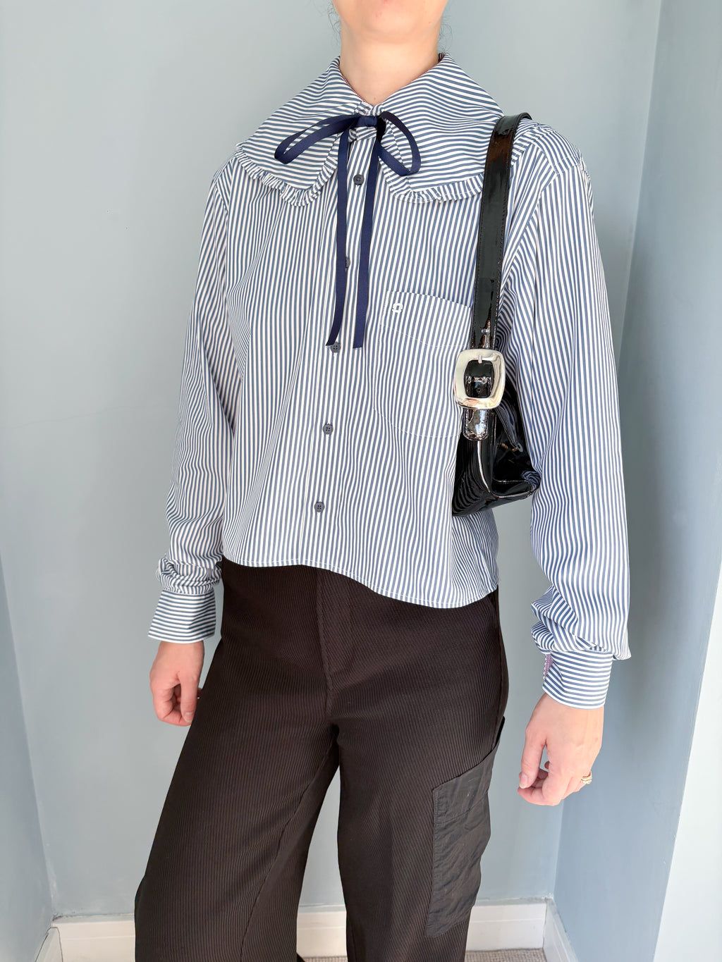 Lily Shirt - Striped Shirt with ribbon bow on neck.