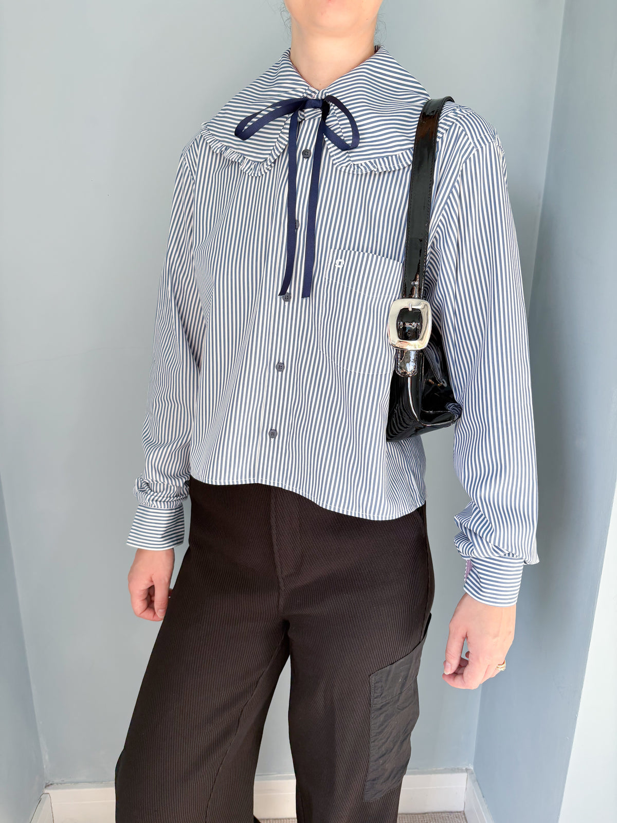 Lily Shirt - Striped Shirt with ribbon bow on neck.