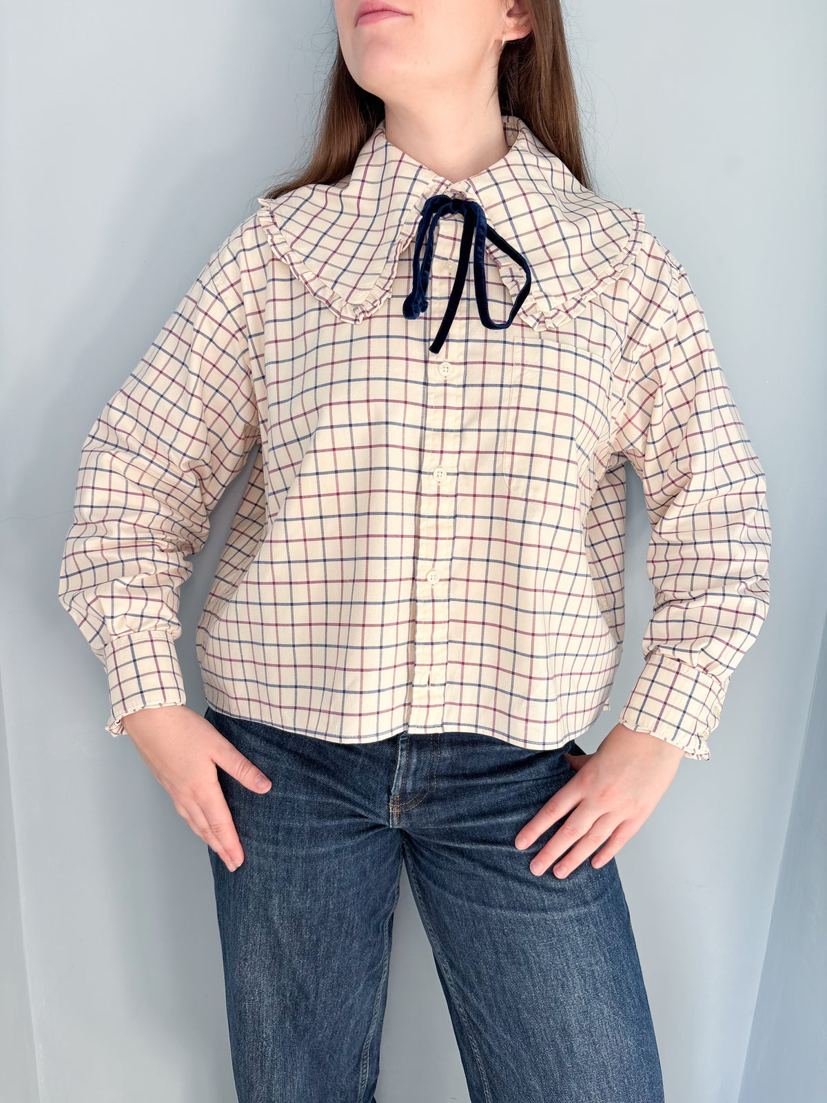 Lily Shirt - Cream check with velvet trim