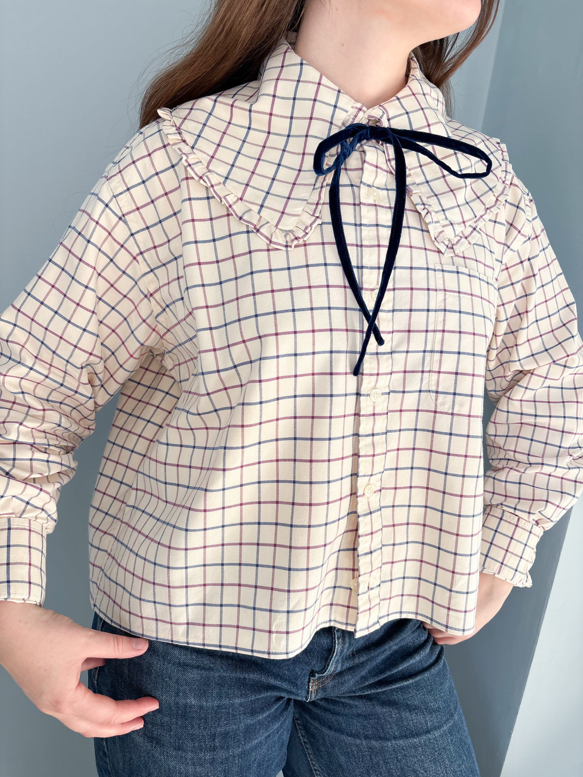 Lily Shirt - Cream check with velvet trim